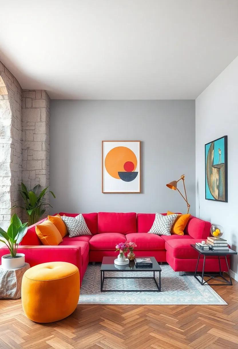 Vibrant Color Pop:‌ A​ small space that​ bursts ‍with personality,⁢ showcasing a bold, colorful sectional sofa balanced by neutral ⁣walls and playful artwork