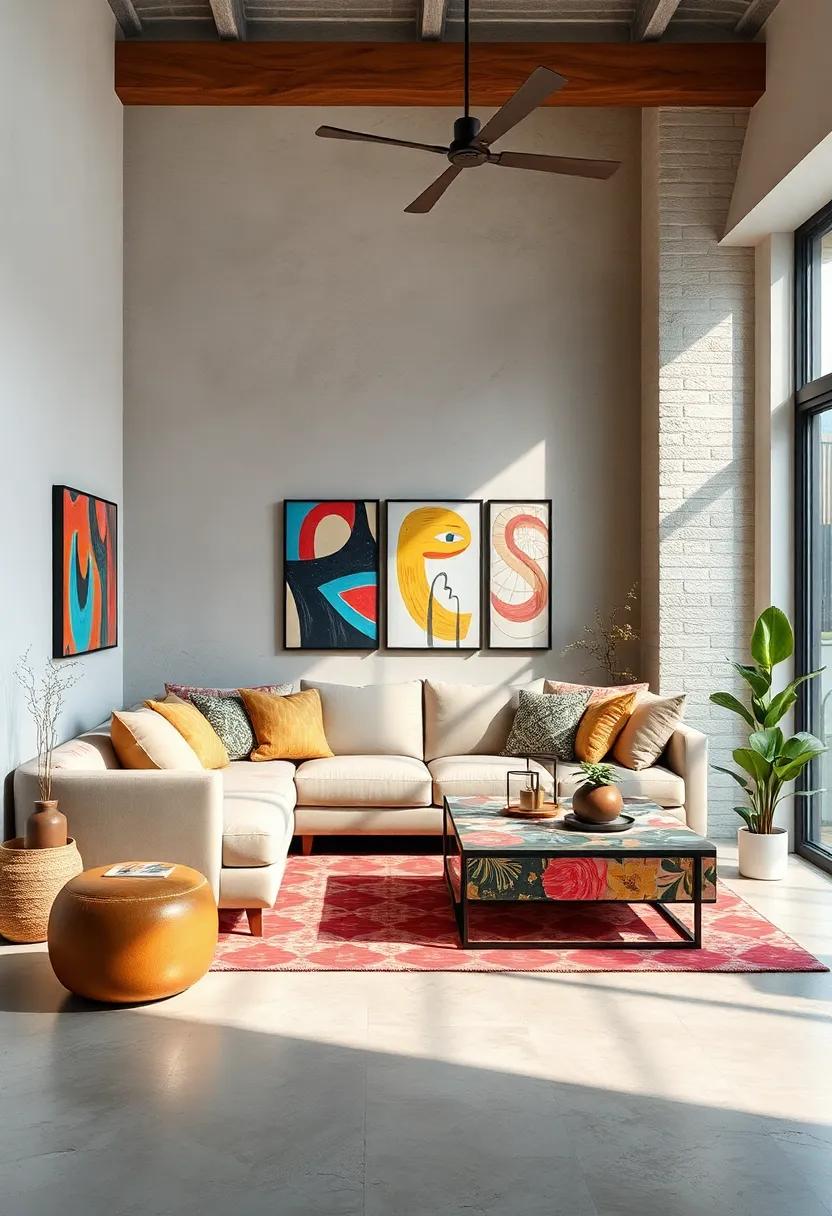 Artsy Abode: A ‍creative space ‌featuring a unique ​sectional with ⁣artistic⁣ print upholstery, surrounded by colorful art ​pieces that ⁣inspire‍ imagination