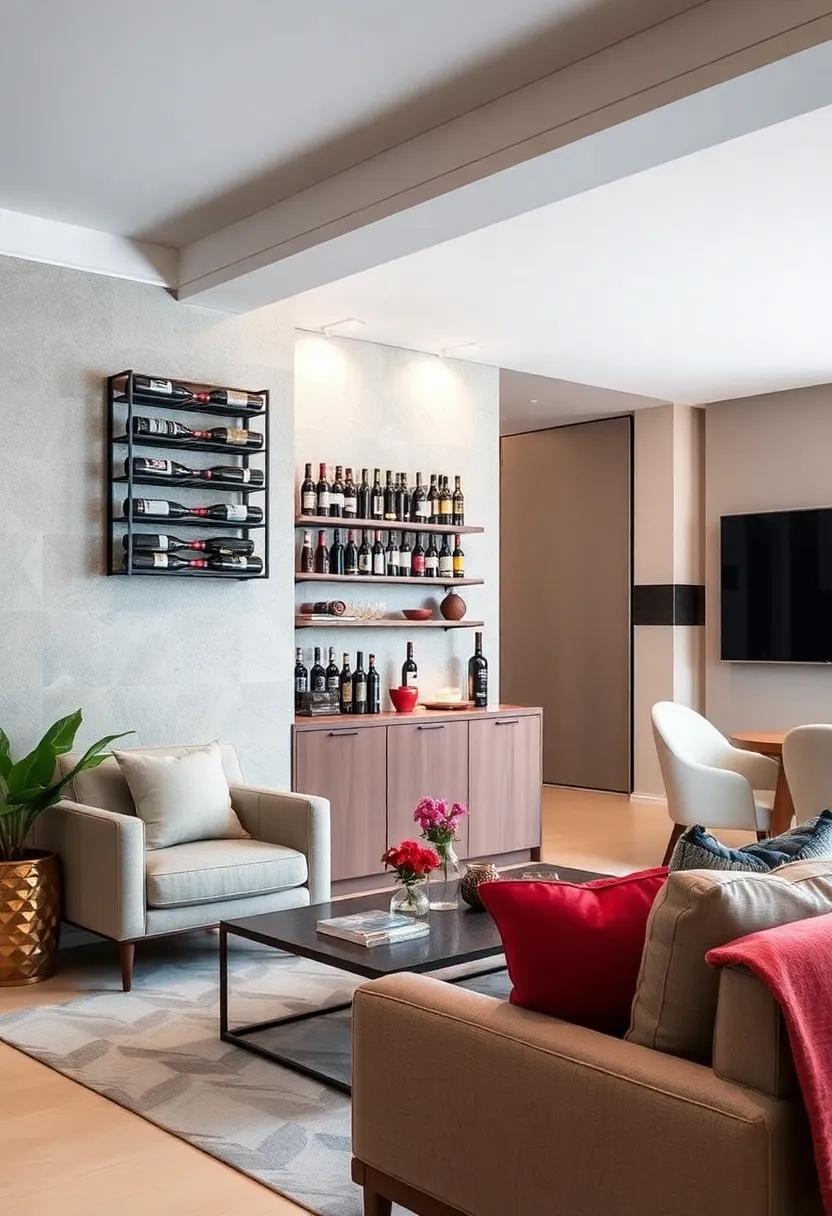 Wall-Mounted⁢ Wine Rack: Opt for a ⁤wall-mounted wine rack ⁣that not only saves space‌ but also serves as a‍ decorative element in your living room