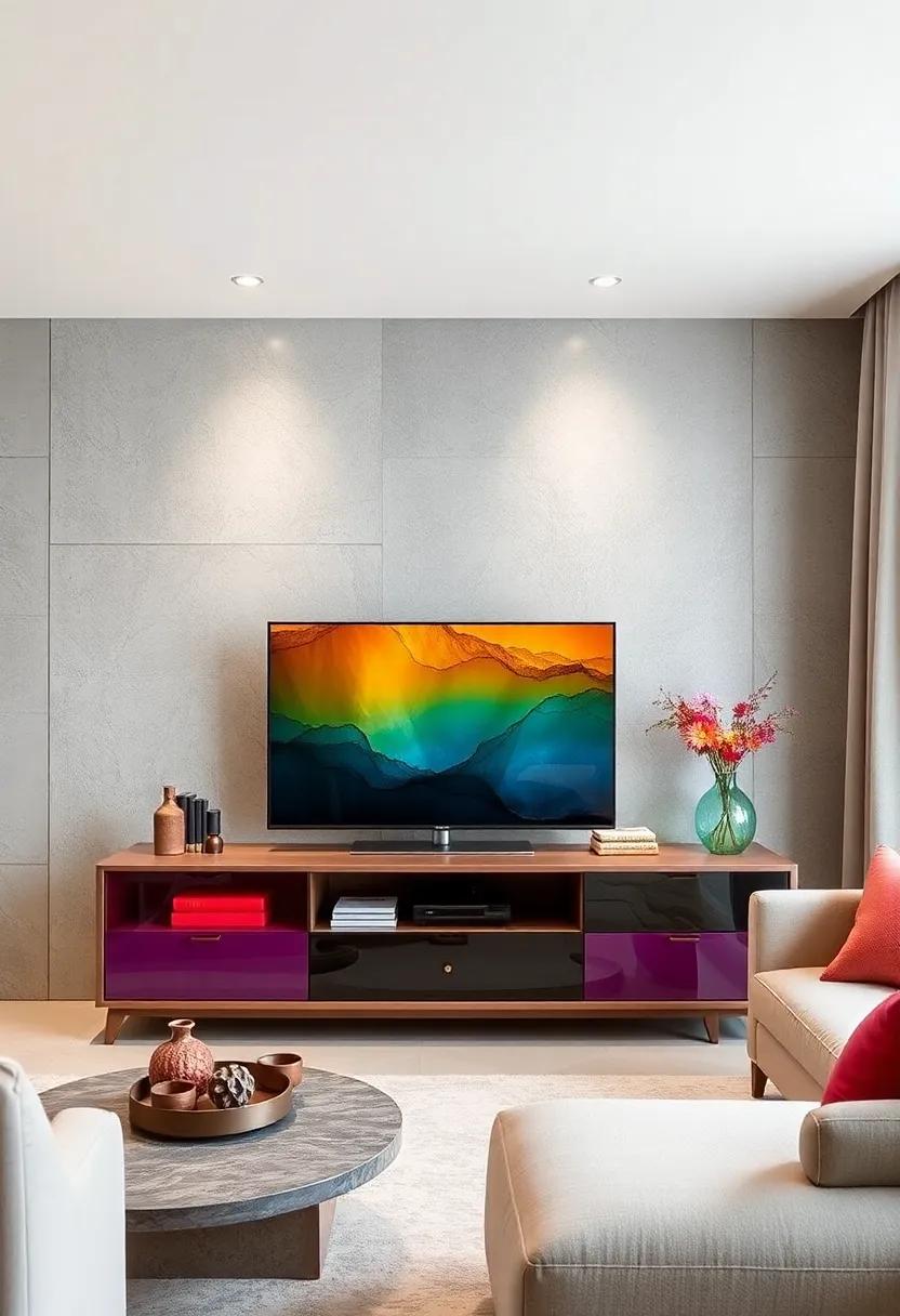 Chic Color Pops: Elevate ‍your home with a TV unit ​that incorporates colorful glass ⁣elements,adding a playful ⁣touch to otherwise neutral decor