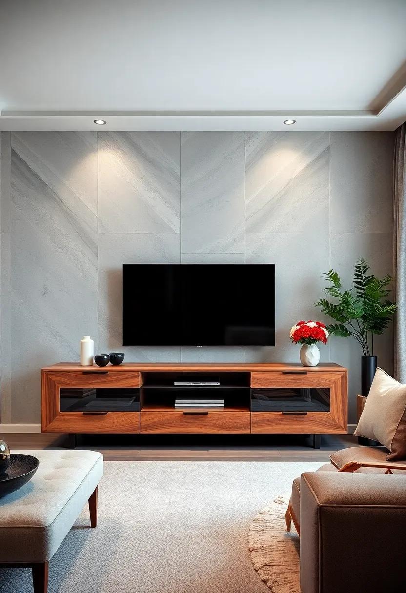 Eco-Friendly Elegance: Highlight sustainable design with a TV unit made from reclaimed materials, elegantly pairing upcycled wood with sleek glass