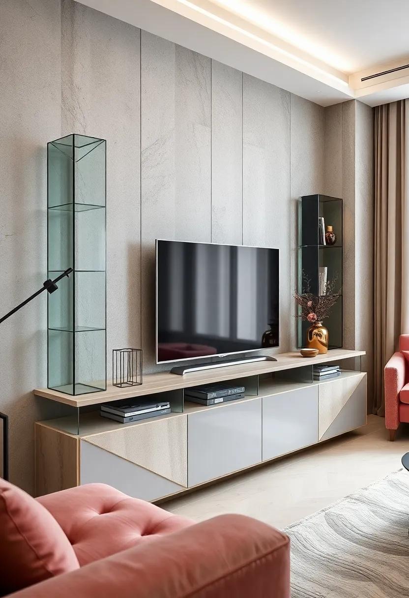 Geometric Glam: Unveil a contemporary unit featuring bold geometric shapes in glass, offering a striking visual appeal alongside functional storage