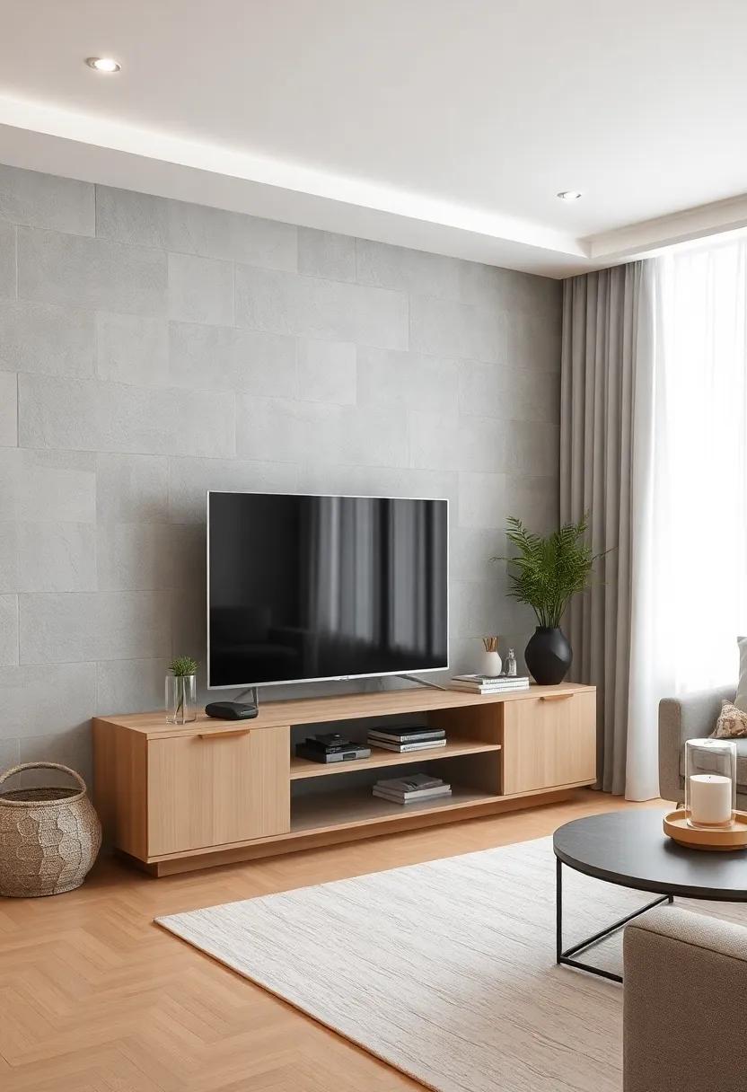 Scandinavian Serenity: Delve into the simplicity of Scandinavian design with a TV unit that harmoniously combines​ light wood and frosted glass for a soothing finish