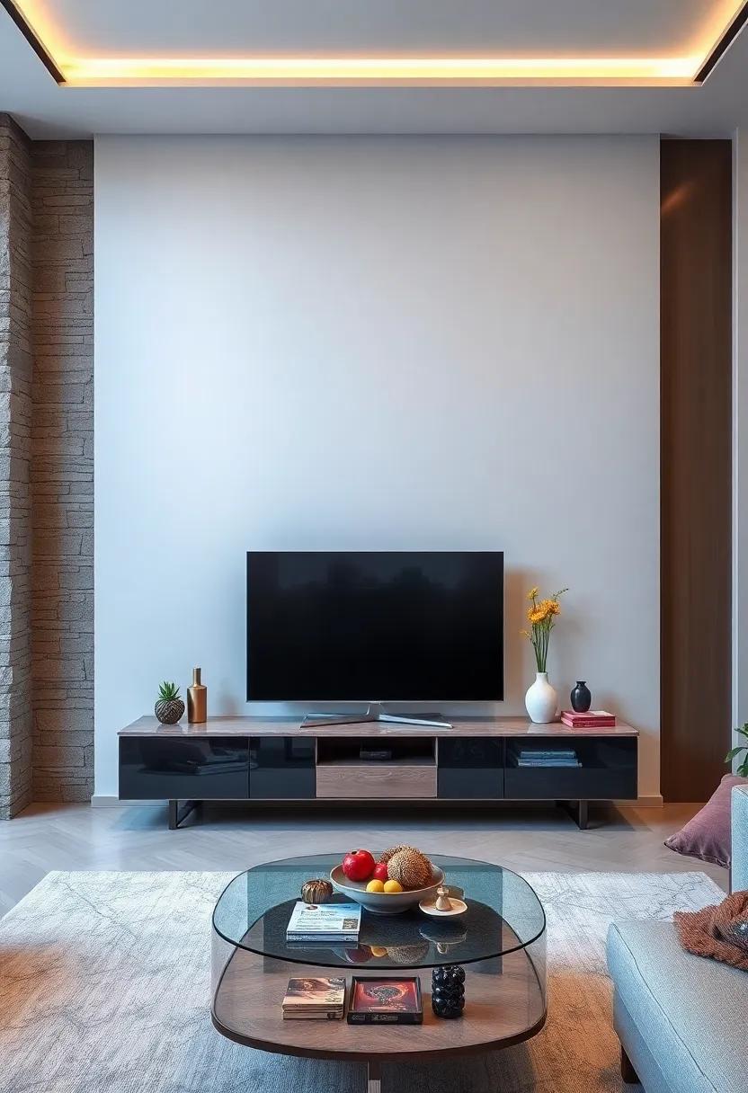 Sleek Minimalism: ‍Discover a TV unit that epitomizes minimalistic design through its clean lines and a glass​ top⁣ that reflects elegance while ⁤keeping the space open