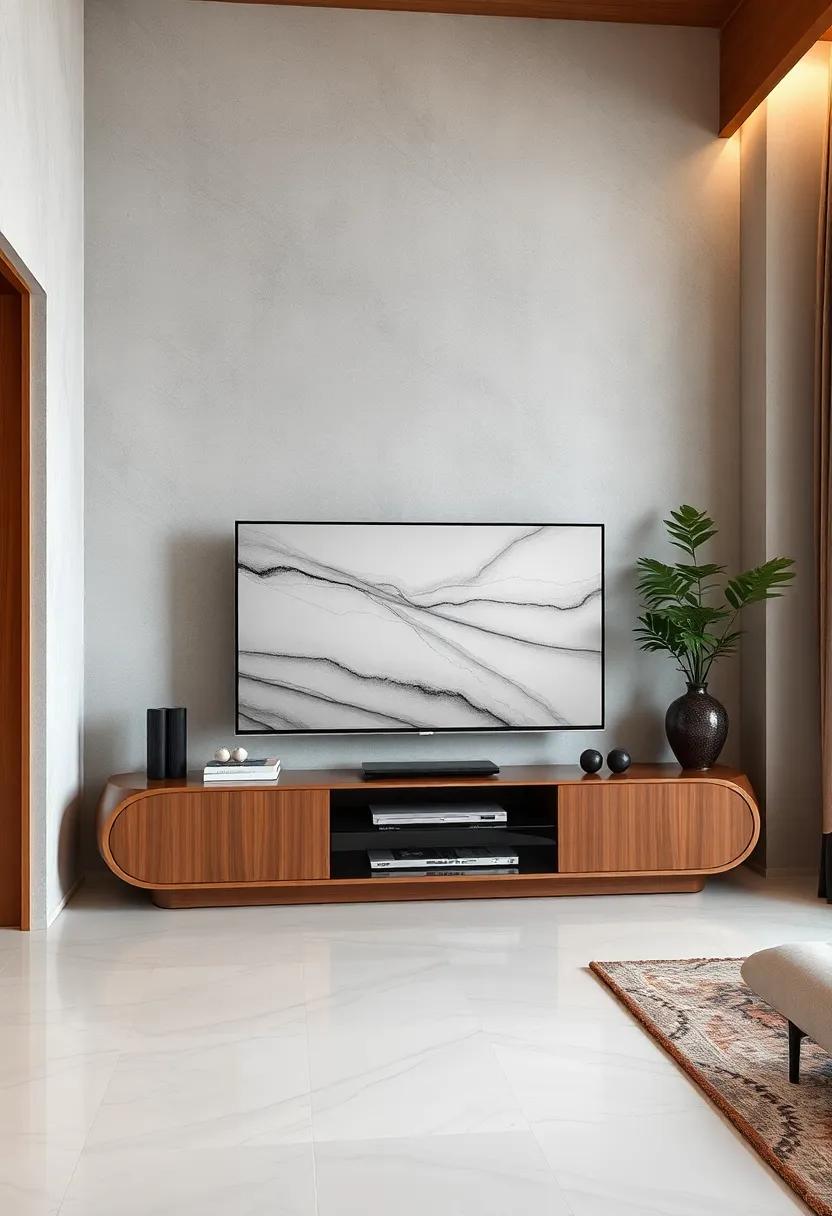 Soft Curves: Explore the charm of rounded glass edges paired with a rich wood base for a TV unit that softens the⁣ sharpness of modern design