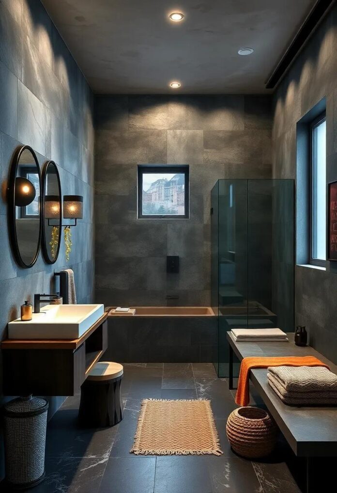 27 Striking Industrial Bathroom Designs Featuring Bold Dark Tones for Modern Elegance