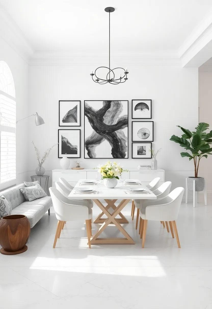 Artful Display: Hang large-scale black-and-white artwork ⁢or a ⁢gallery wall of monochromatic prints to create visual intrigue ‌and ​contrast in your all-white⁣ dining area