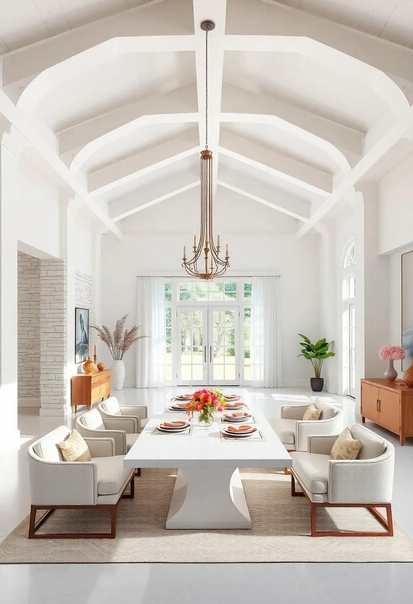 Ceiling Statement: A high ⁤white​ ceiling with exposed beams or molding details creates architectural drama and draws the eye upward in a stylish dining room