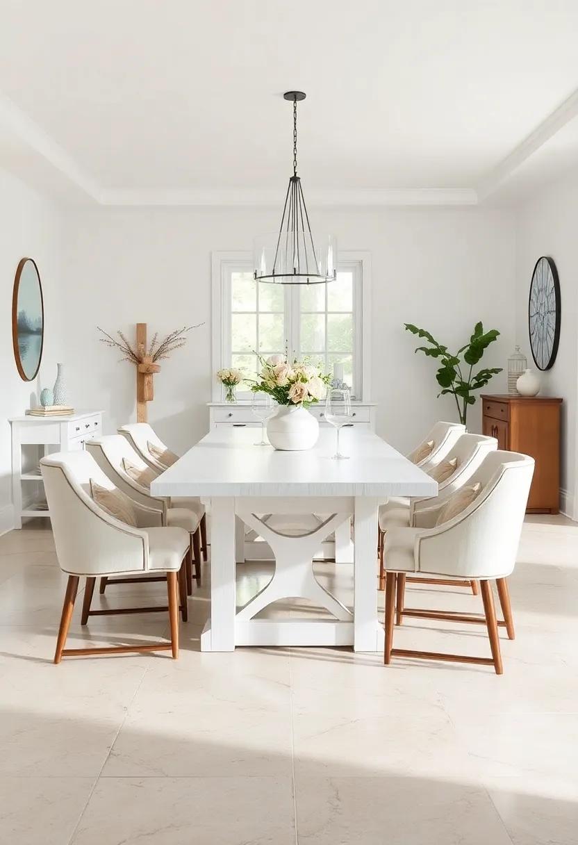 Farmhouse Chic:⁣ A rustic white farmhouse table paired with cushy upholstered chairs evokes warmth​ and charm while maintaining a clean and ‍airy aesthetic