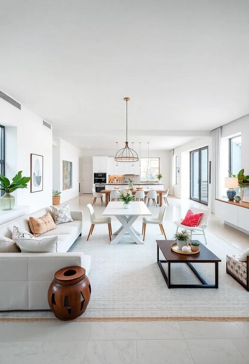 open-Concept Elegance: Define the dining area within an open-concept space using an all-white area rug that not only grounds the room but also ‍compliments the adjoining living areas