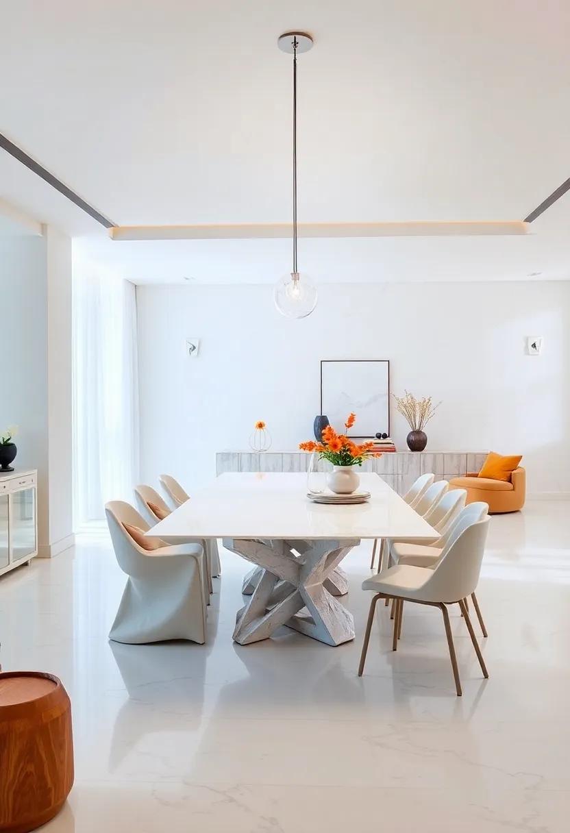 Statement Table: Invest‌ in a ⁢sculptural all-white dining⁢ table that ‍acts as a conversation piece and can anchor the design aesthetic with ⁣its‍ unique shape or texture