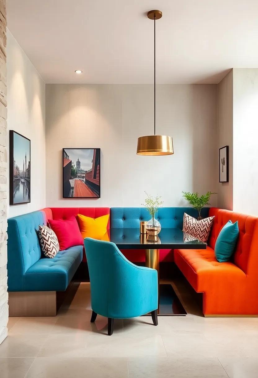 Color-Pop Upholstery: Choose vibrant upholstery that contrasts with neutral walls to make your banquette the⁢ focal point of the‌ dining room