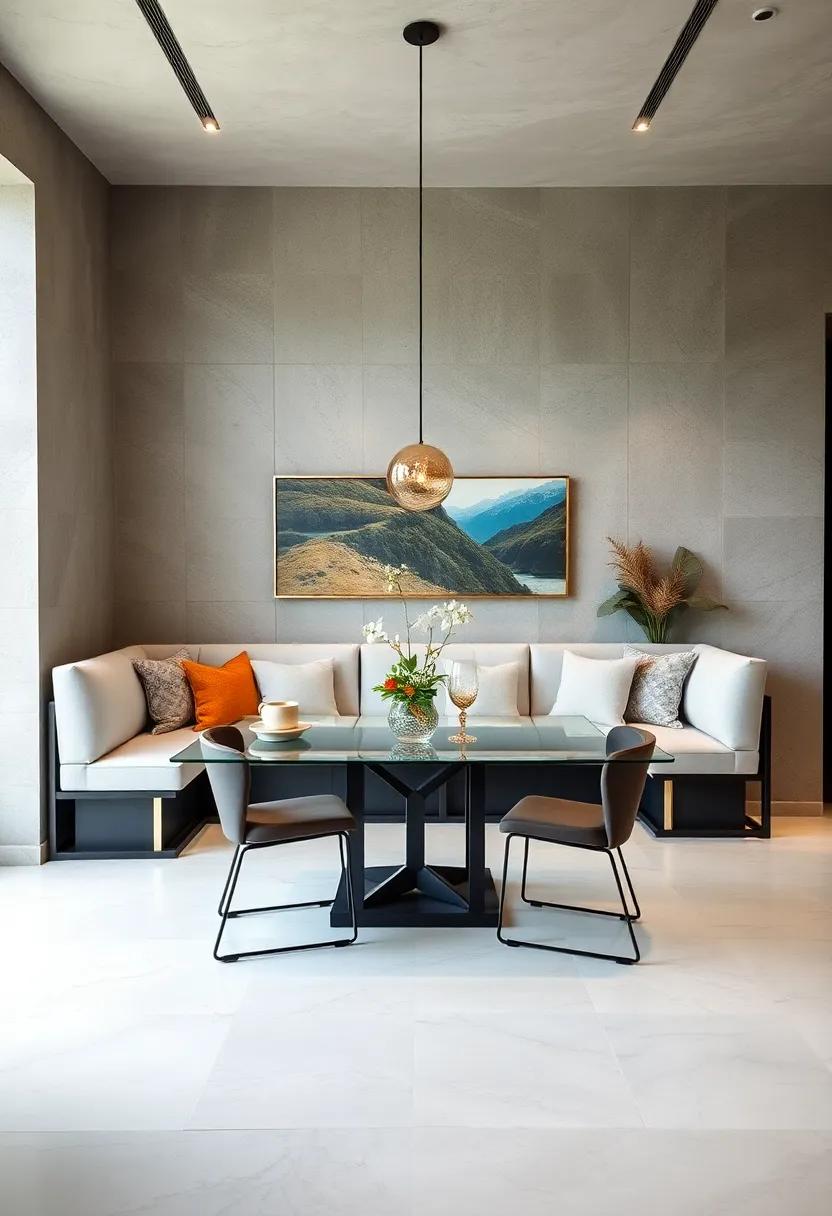 Glass and⁤ Steel Minimalism: Go avant-garde with‌ a sleek banquette made of glass and metal, creating an airy and modern dining zone