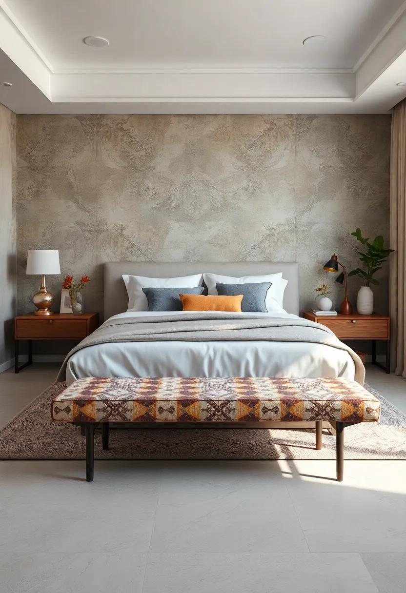 Bohemian Vibes with a Patterned Upholstered Bench:‌ Infuse your bedroom with personality using ⁢a patterned upholstered bench, which becomes a statement piece⁤ while​ offering a comfy spot to unwind or‍ put on your shoes