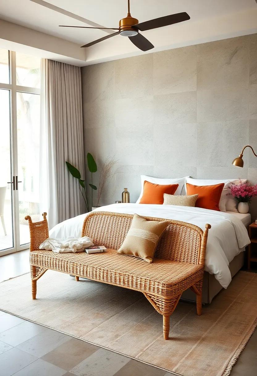 Coastal Escape with a⁤ Woven rattan Bench:‌ Evoke ‍seaside serenity in your bedroom with a woven rattan bench, which combines an ⁢inviting texture with a beachy aesthetic, making it​ a lovely ‍spot for relaxation