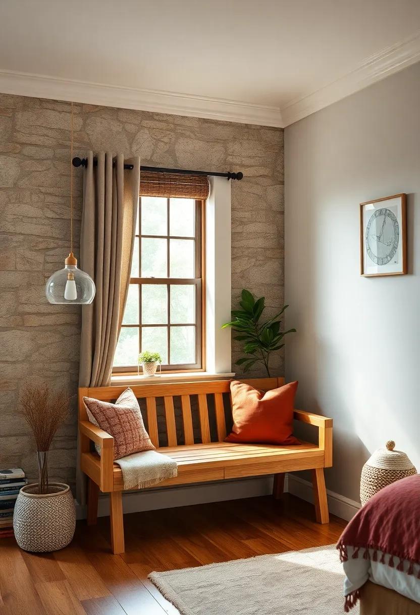 Rustic Charm⁣ with​ a​ Wooden Slat Bench: Embrace ⁤farmhouse aesthetics with a wooden slat bench, featuring a natural finish and a comfortable backrest, ideal for a cozy reading nook by the window