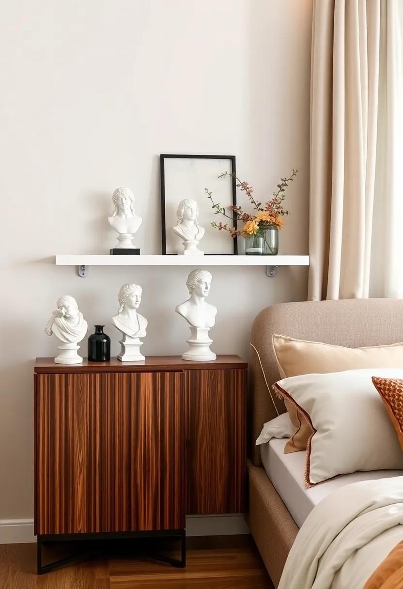 Minimalist Marble Busts: Add a touch of classical elegance with small marble bust sculptures that bring timeless beauty to your bedroom shelves