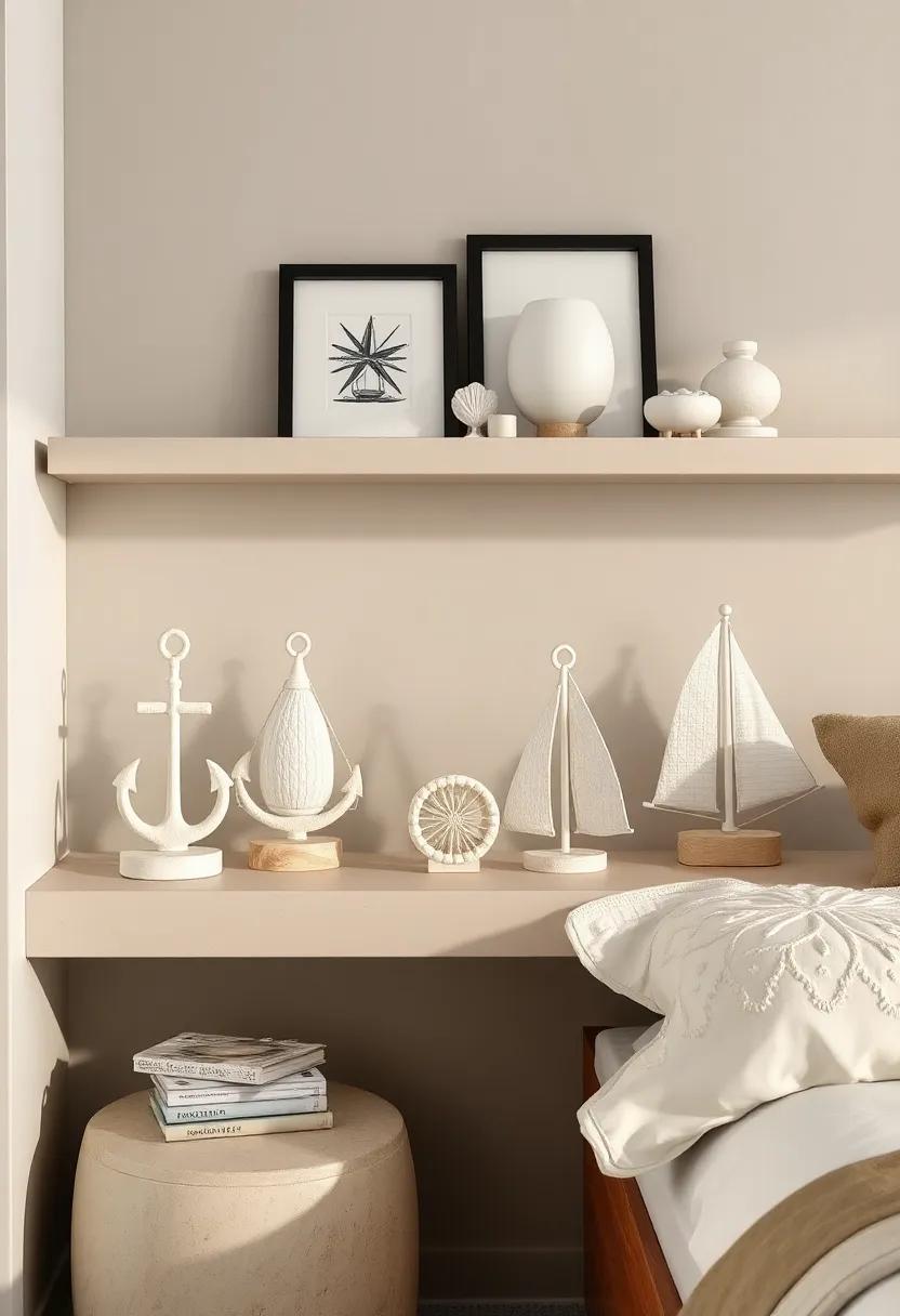 Nautical-Themed Sculptures: Inject seaside calmness with miniature anchors, shells, or boats sculpted in soft, neutral tones