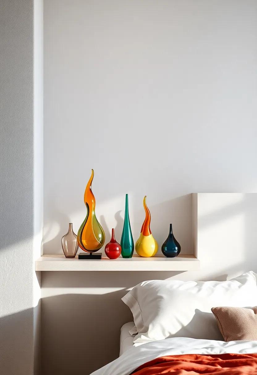 Hand-Blown Glass Figures: Introduce colorful, whimsical hand-blown glass sculptures to brighten your shelf with artisan charm