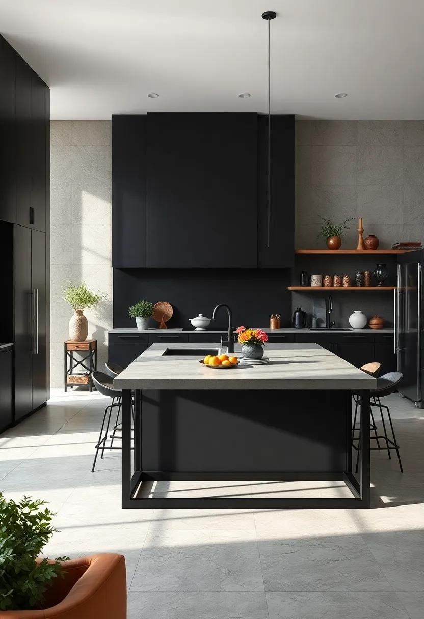 Black Island ⁢with open Metal Frame Base⁢ and Thick Concrete ⁣Countertop