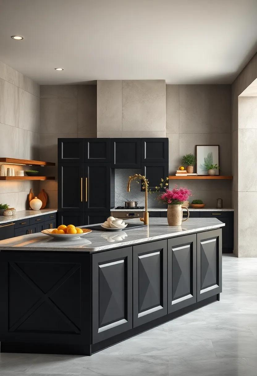 Black Island with bold⁤ Geometric Panels and Matte Brass Pulls