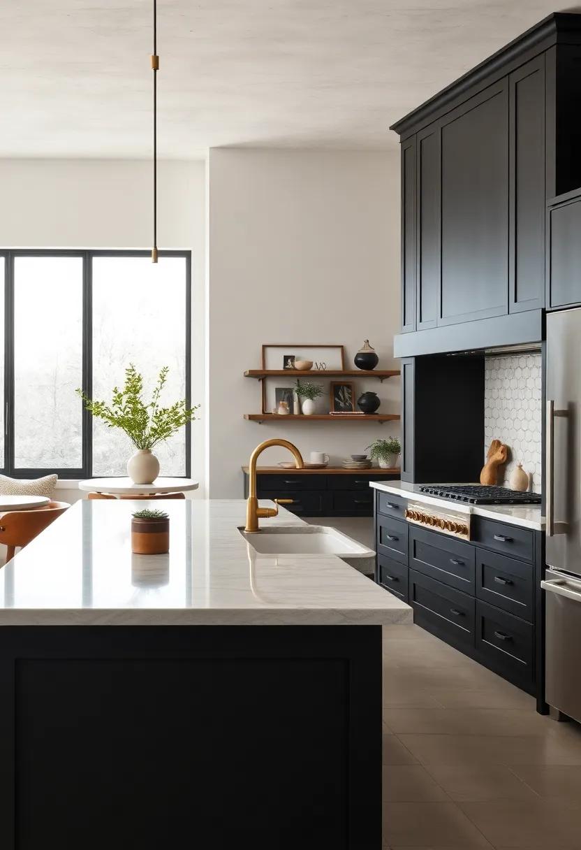Black Kitchen island ‌with Integrated farmhouse Sink and ‍Brass Fixtures