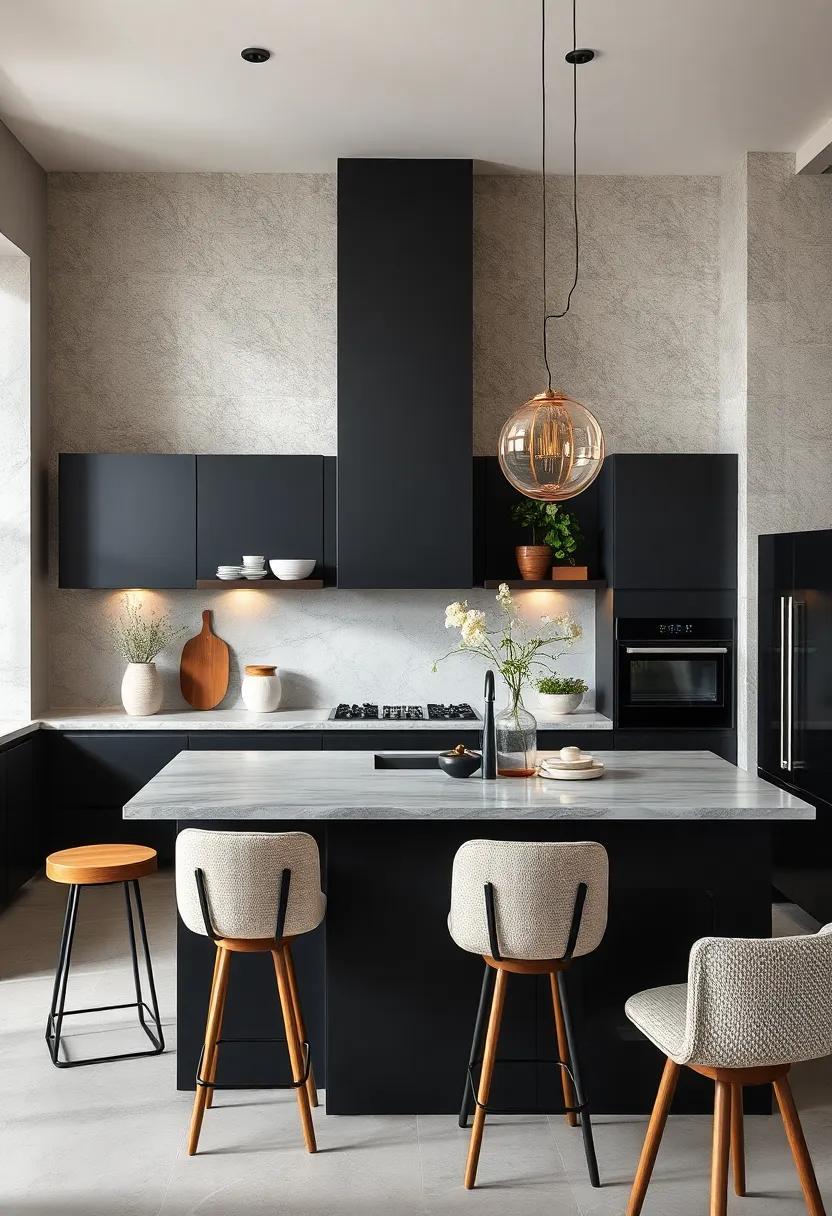 Black ⁣Kitchen Island Emphasizing Texture‌ with Matte and Glossy contrasts