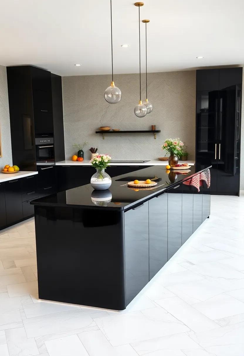 Bold Black Island with Glossy Lacquered Finish and Contrasting White Counter