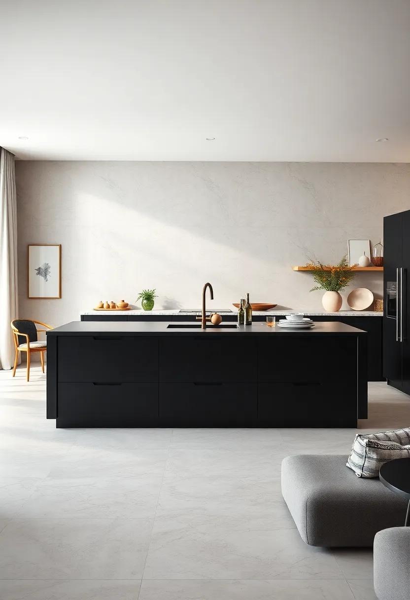 Minimalist Black Island with Smooth Quartz Surface and Flush Drawers