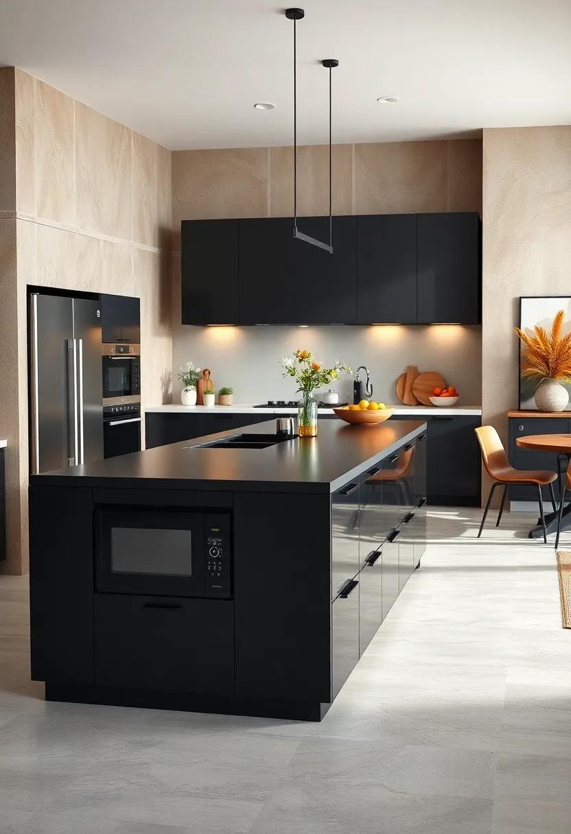 Multi-functional⁣ black Island with built-in Microwave and Charging Station