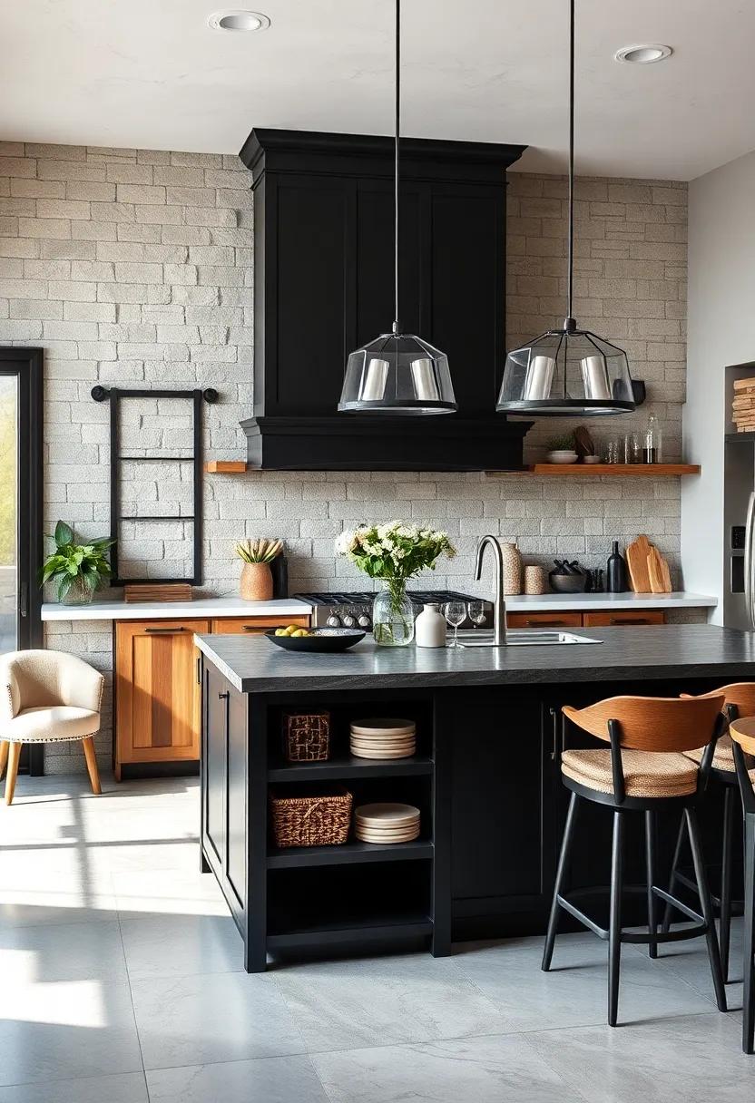 Rustic Black Island Featuring Barnwood Accents and Open Shelving