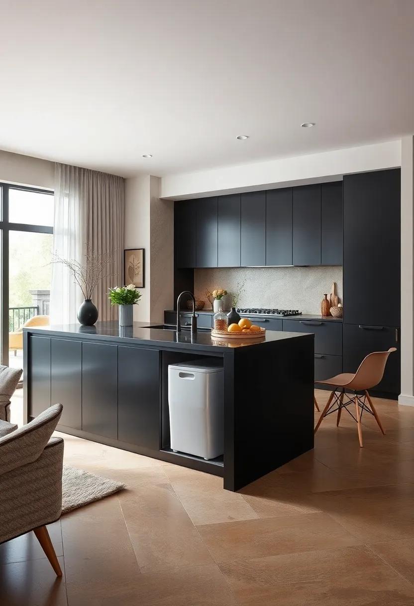 Sleek Black Island with‍ Hidden Trash Compartment and Pull-out Bins