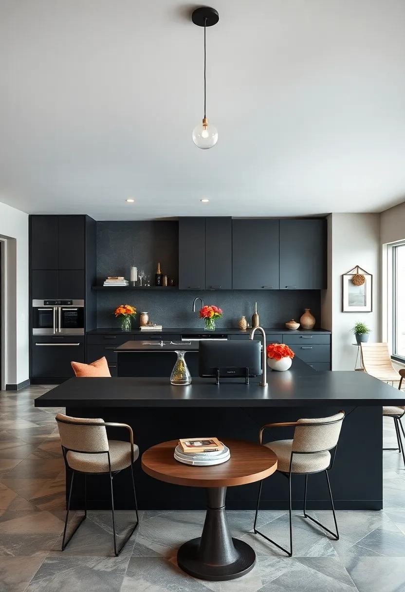 Spacious U-Shaped Black island with Seating for Four and Ample Storage