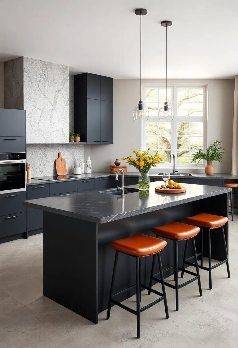Statement Black Island with Oversized Overhang and⁢ Leather Stools