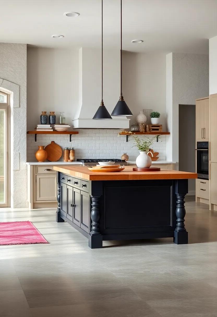 Traditional Black Island with Turned Legs and Butcher ‌Block Surface