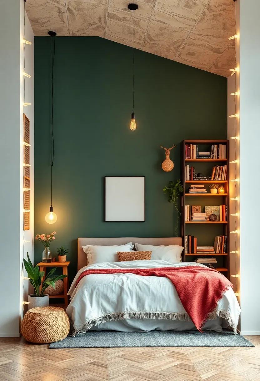 Statement Bookshelf: ‌Fill ‌a unique bookshelf with ​eclectic decor, plants, and treasured books, framing‌ it ⁤with magical ⁢string lights for a cozy vibe
