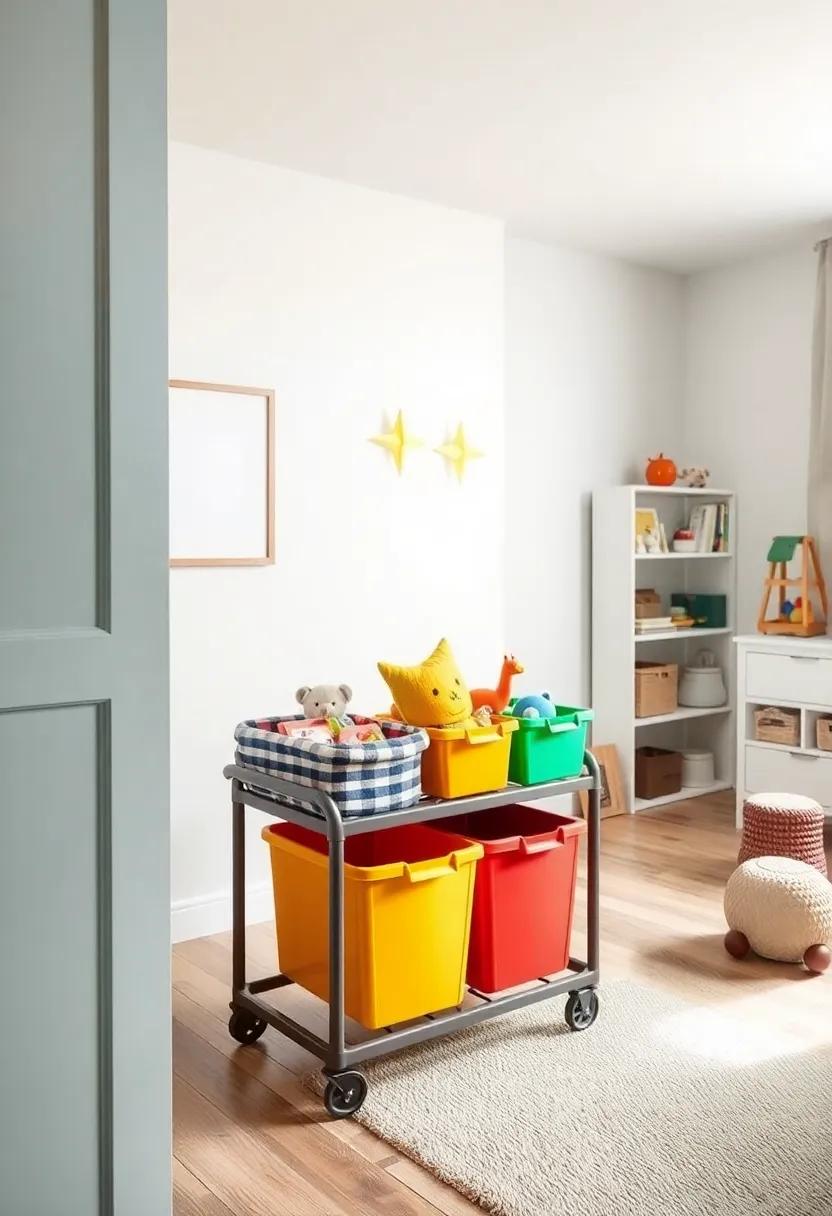 Colorful Bins⁣ on a ⁤Rolling‌ Cart: Embrace mobility with vibrant storage bins ⁤on a​ cart that can easily be moved to different play areas
