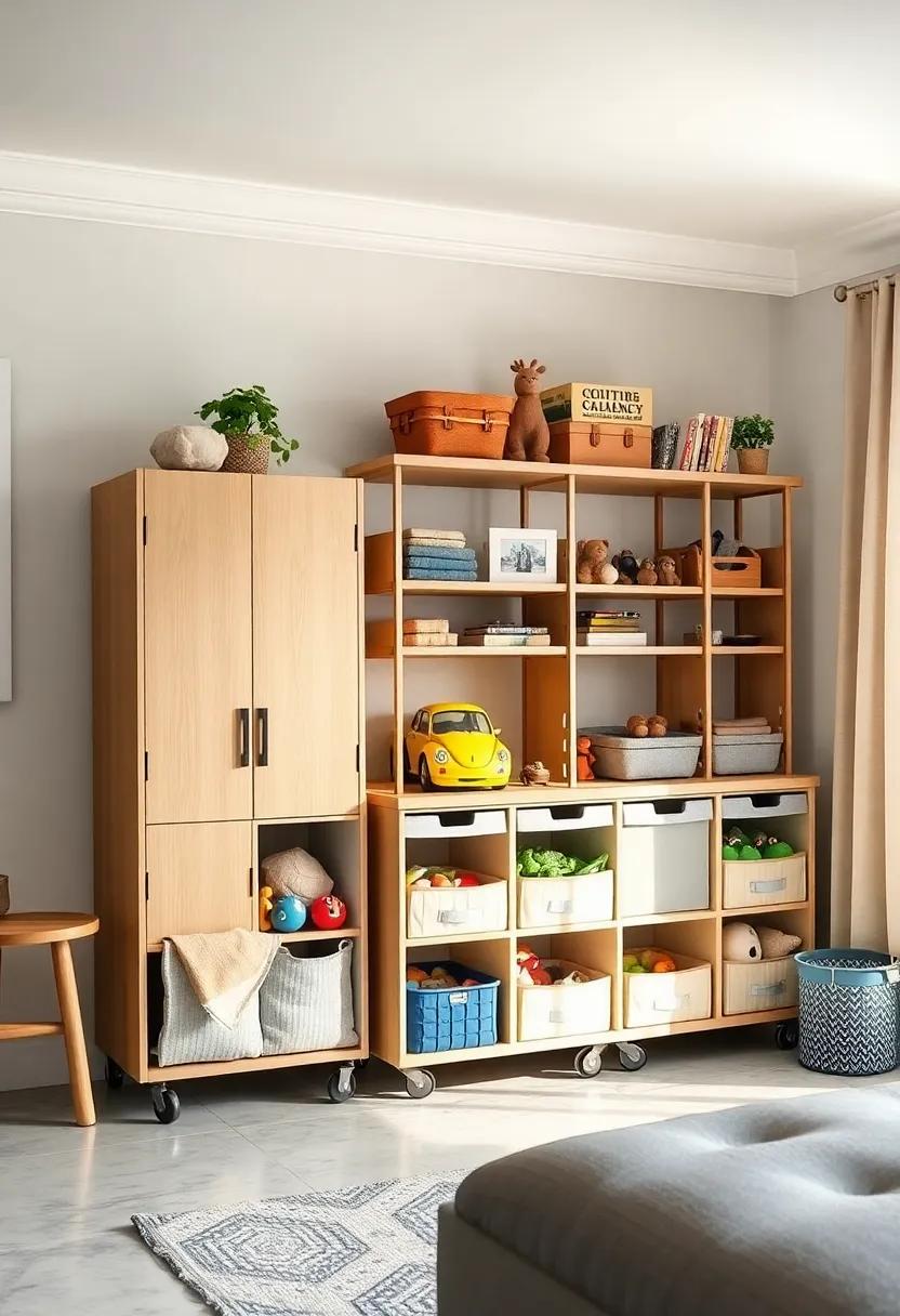 Trolley Storage Units: Use trolley-style cabinets ​with⁤ multiple ‌compartments to easily⁢ move ⁤different⁤ toys ⁤from room to room, adding fun to ‌the‍ organizing process
