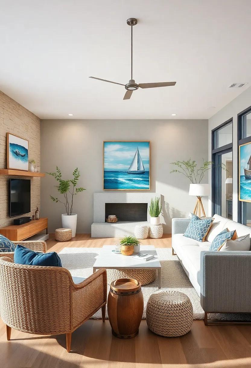 Hang⁢ coastal-themed artwork featuring sailboats, lighthouses, ‌or marine life ‌for ‌visual interest