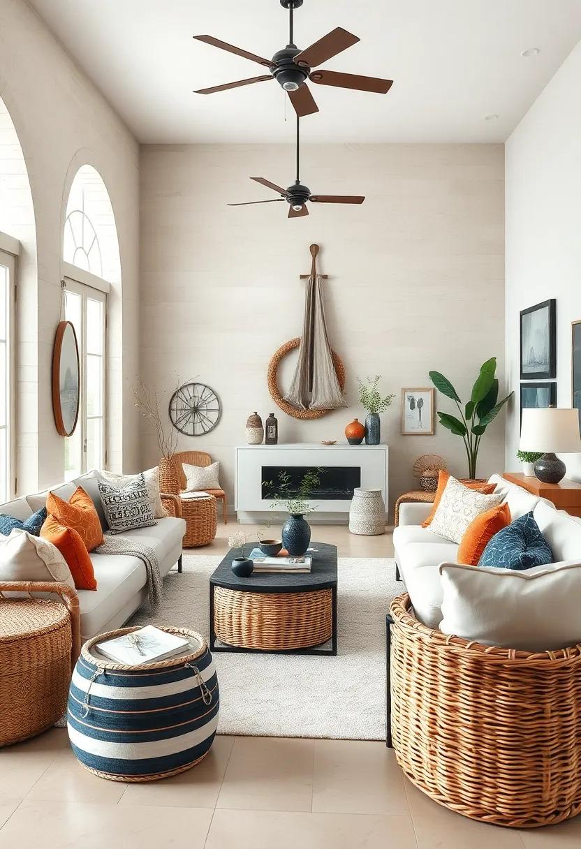 Place woven baskets throughout the room for both functional storage and organic decor