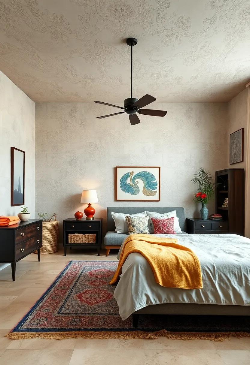 Opt for a textured‌ ceiling‌ or wall treatments, such as wood paneling or pressed tin, to enhance the retro charm‍ of your eclectic bedroom design