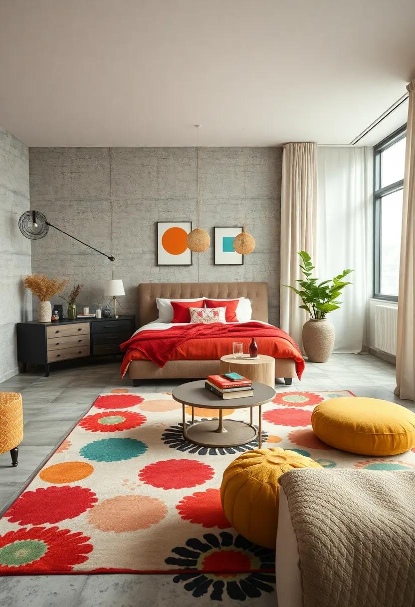 Use a bold area rug with a retro print to anchor the space and tie together various design elements