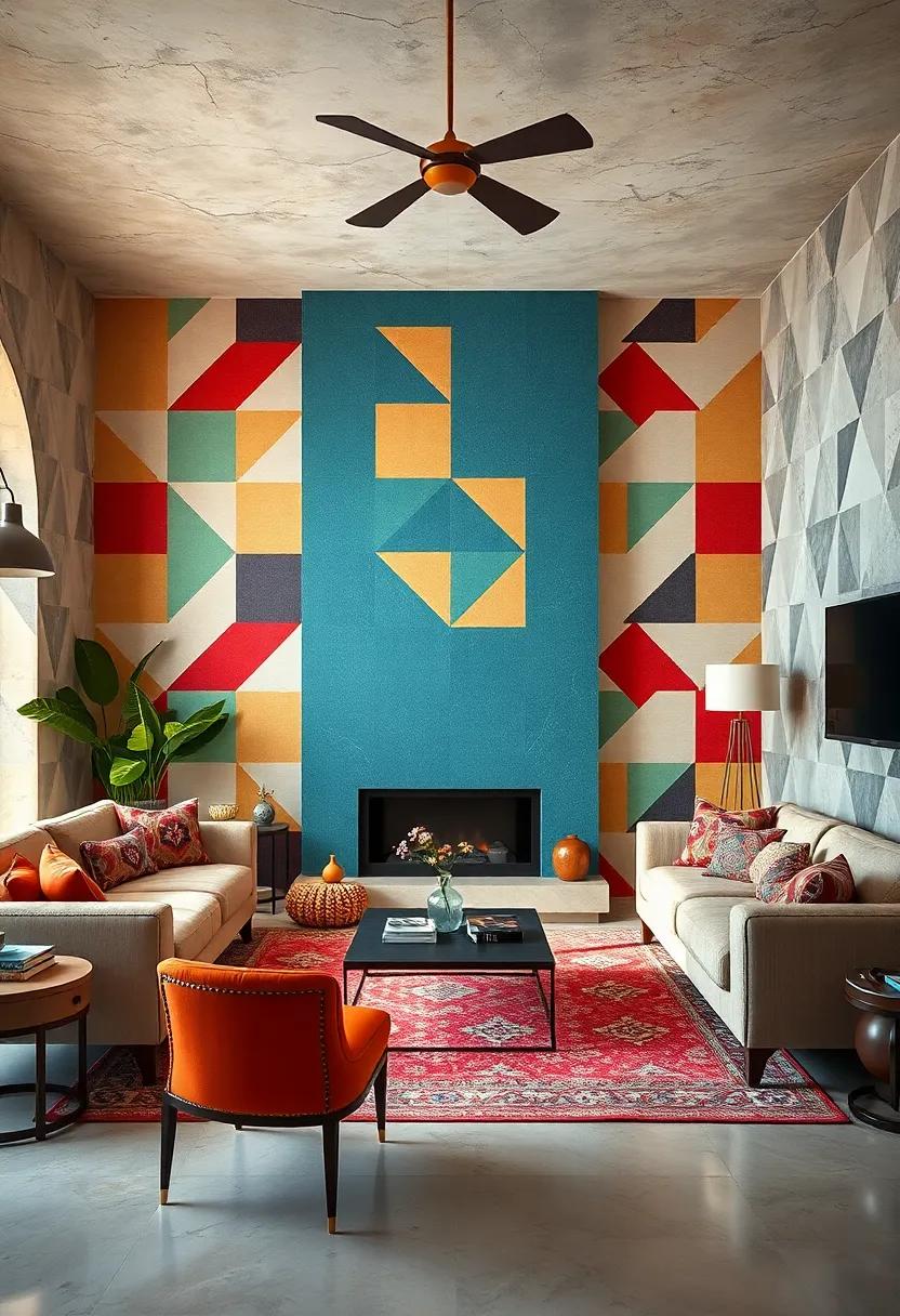 Vibrant Geometric Wallpaper: Transform your walls with bold geometric patterns in bright, retro​ colors to create an⁤ instantly dynamic living room backdrop