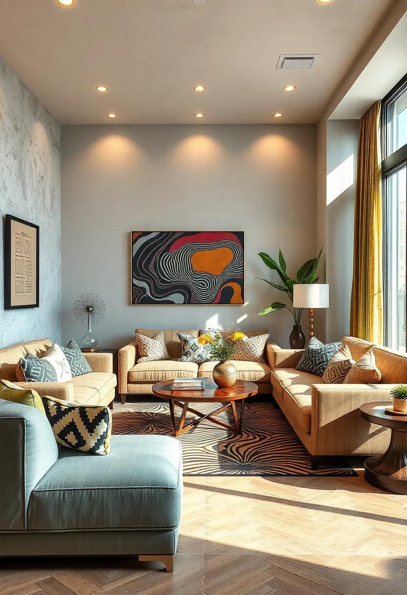 Op Art Inspired textiles: Layer textile elements​ featuring ​optical illusions and‌ undulating lines to add visual intrigue to seating areas