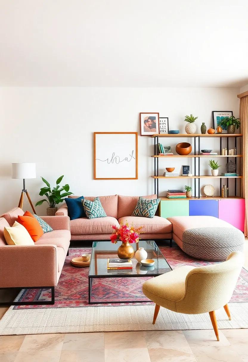 Color-Blocked Retro Shelving: Paint shelving units in blocks of retro-inspired colors paired with graphic prints to add structure and style