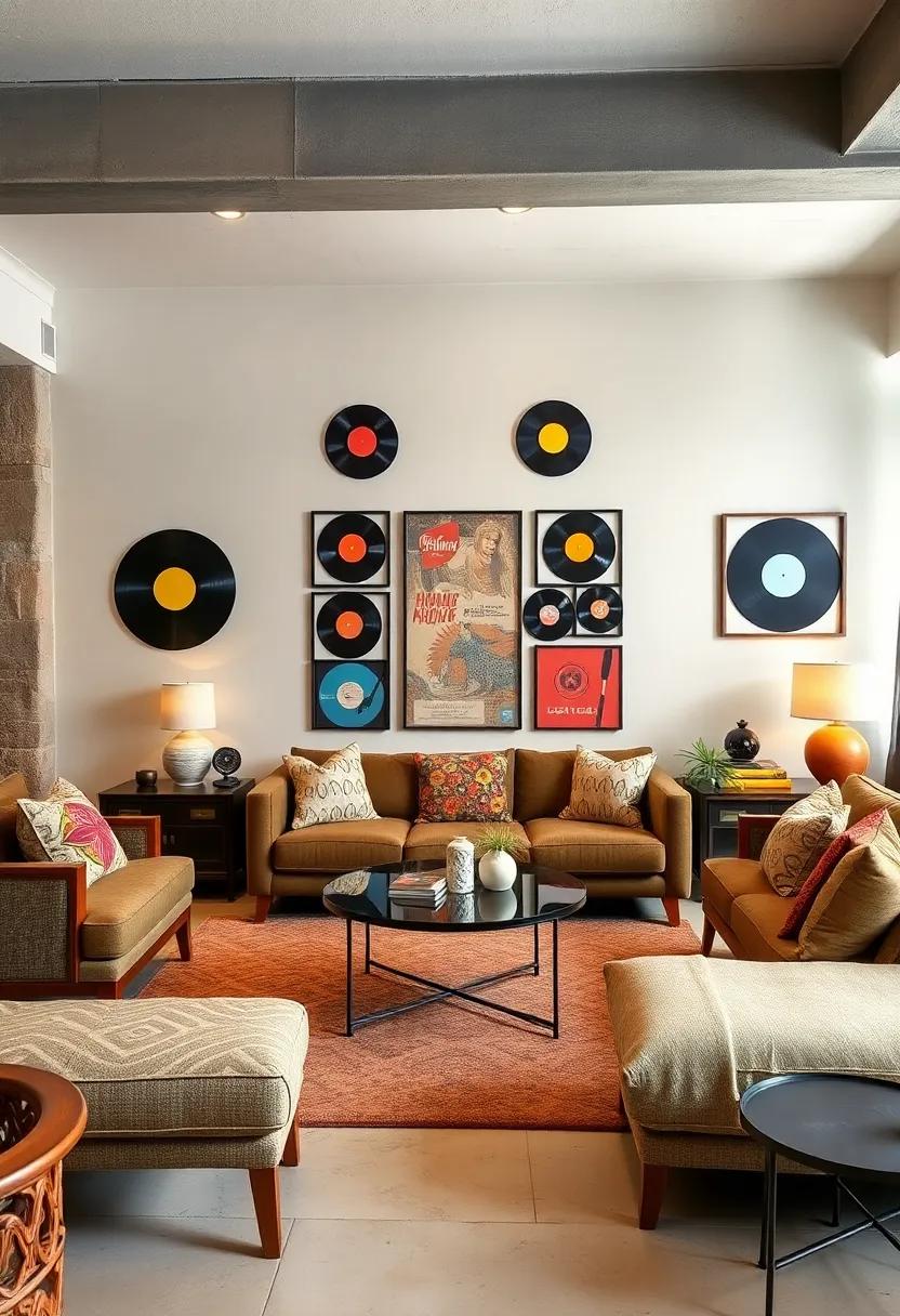 Vinyl Record Wall Displays: Use vintage vinyl records as wall art or decorative elements ​to highlight bold graphics and celebrate retro culture