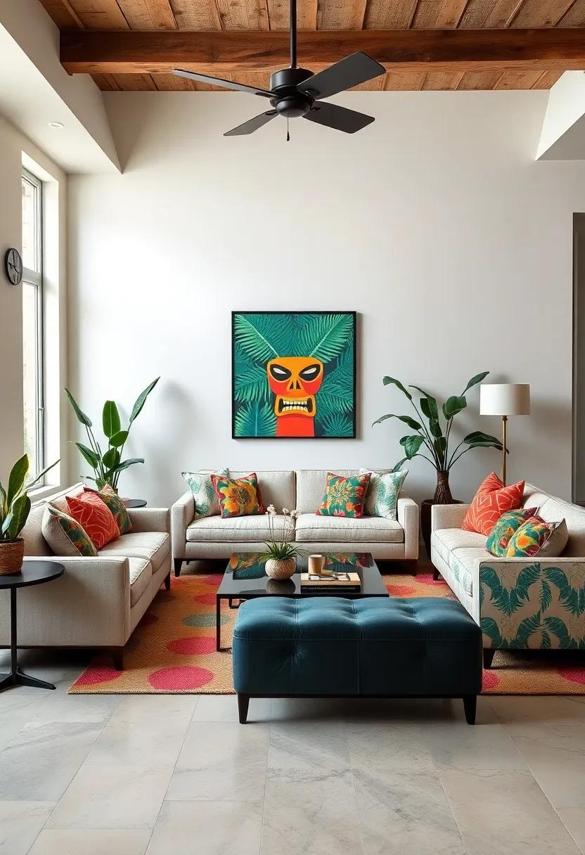 Tiki Print Accents: Bring in playful tropical motifs like palm leaves and tiki faces in vivid retro ‍colors for a fun,eclectic‌ vibe