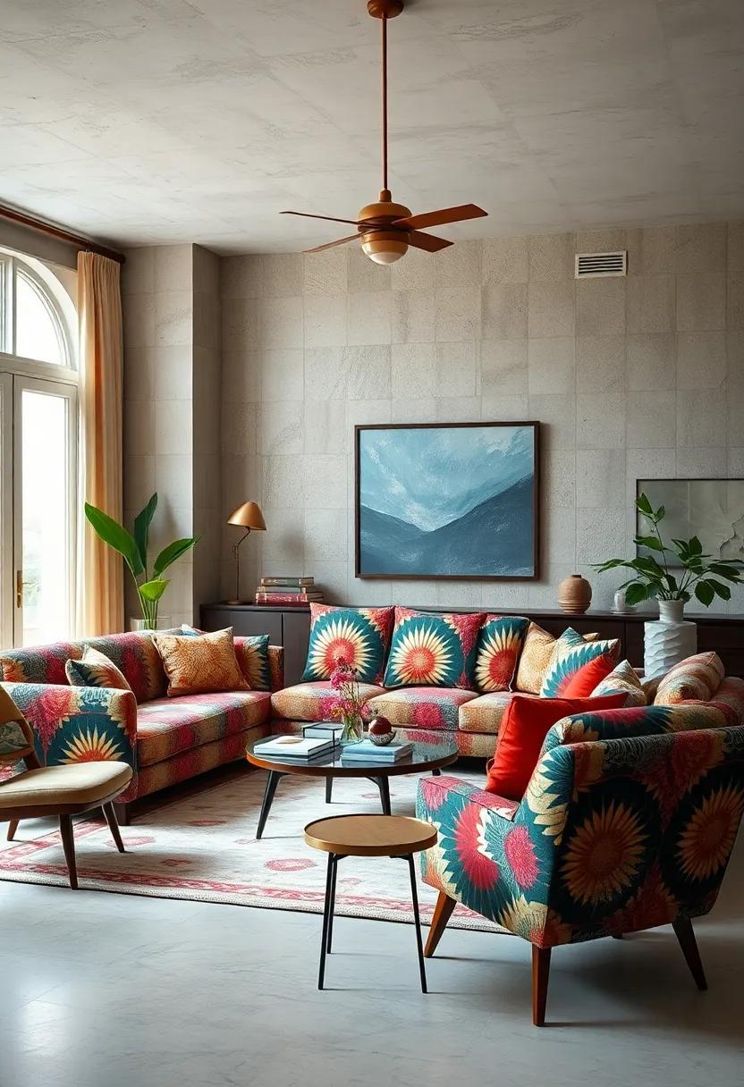 Mid-Century Modern Upholstery: Choose a statement sofa or armchair upholstered in classic⁣ 70s-inspired prints like sunbursts or abstract florals
