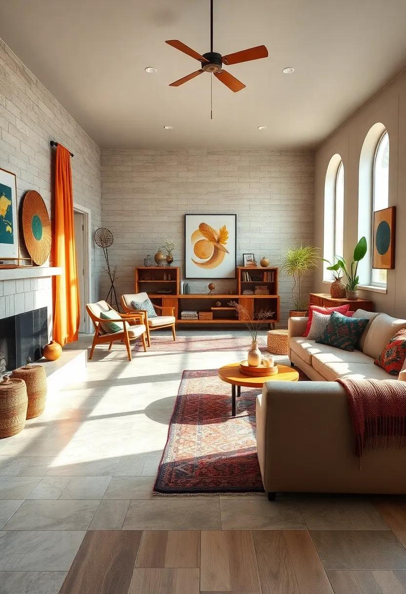 unearth Eclectic Flooring: Choose ⁢bold tile ‌patterns‍ or reclaimed wood flooring that echo mid-century style,⁤ grounding the room while allowing for boho area rugs to ⁤add warmth and ⁣character
