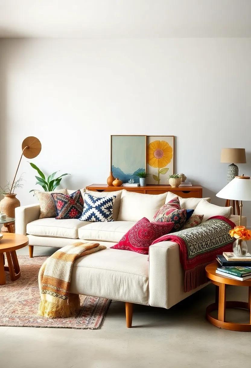 Use​ Oversized Furniture Wisely: anchor a room with a bold mid-century sofa, juxtaposed with oversized, colorful pillows and throw blankets to create a ⁣casual, lived-in feel that embraces boho charm